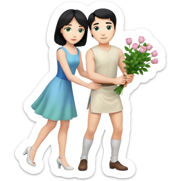 prince, upright, black Hair, blue eyes, Woman, blonde Hair, Green eyes, bending knee, sleveless White Dress, sticker