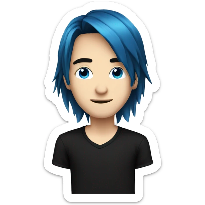 caucasian male. blue long emo hair. black shirt. teenager sticker