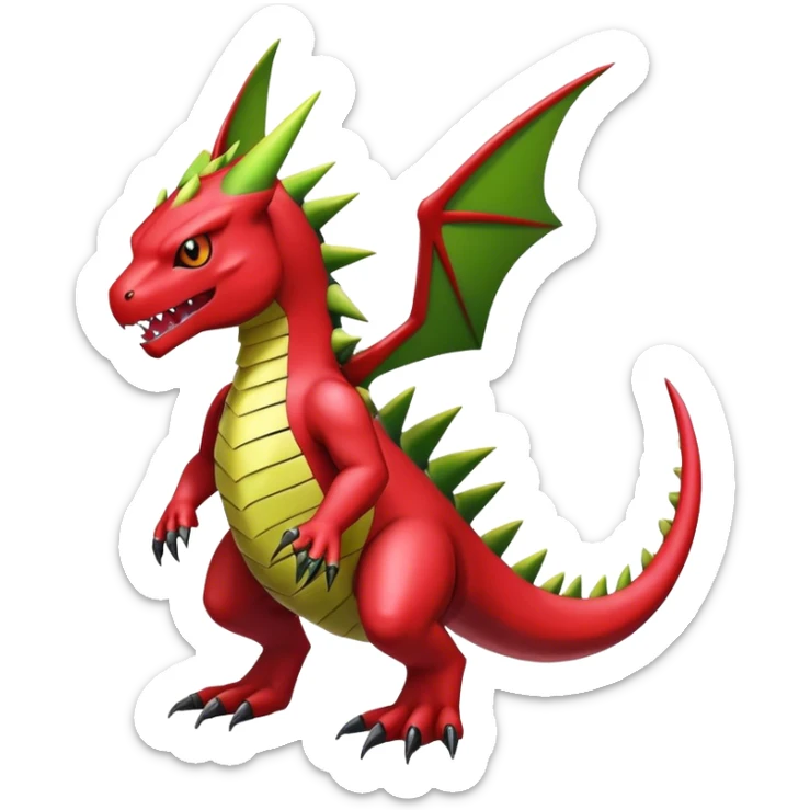 Cool edgy shiny Guilmon-Flygon-Tyranitar-Digimon-hybrid-fusion, yellow belly, full body sticker