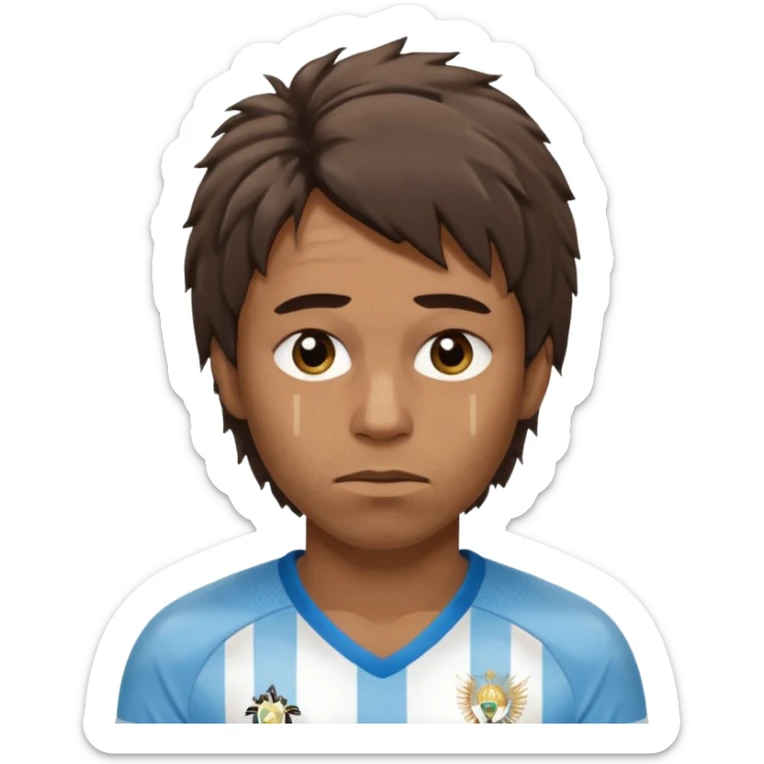 Hola hace una persona morocha con pelo mediano pero no peinado y ojeras con remera de Argentina sticker