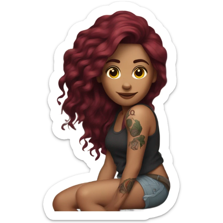Beautiful tattooed woman long burgundy hair climbing rocks sticker