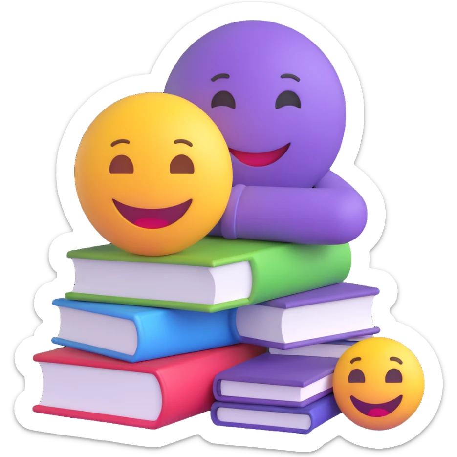 3D smiley emoji, round shape, student studying with pile of books, purple color, tired face sticker