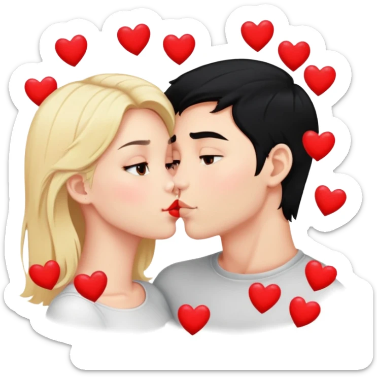 Couple of blonde girl and boy with black hair and fair skin is kissing with a lot of hearts around them sticker