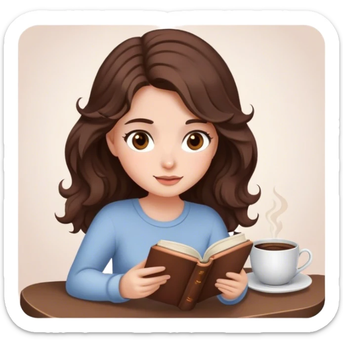 girl with wavy choco brown hair, brown eyes, and some blush is reading a book and has a cup of coffee next to her. sticker