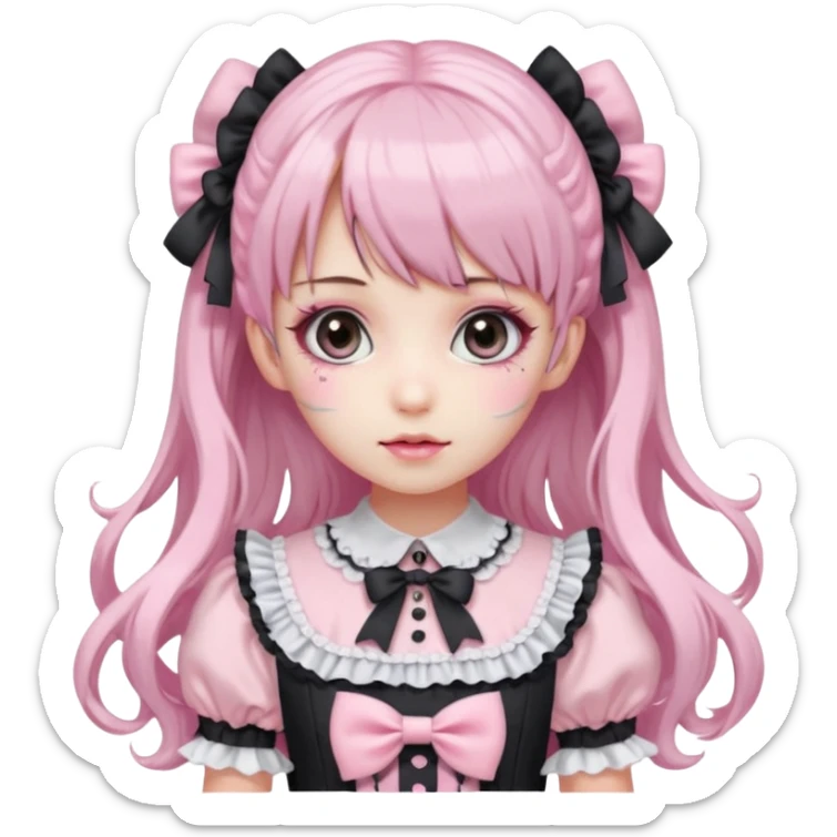 pale girl with long black and pink swirled hair, bangs, grey eyes, doll makeup, in a frilly light pink lolita hime gyaru dress sticker