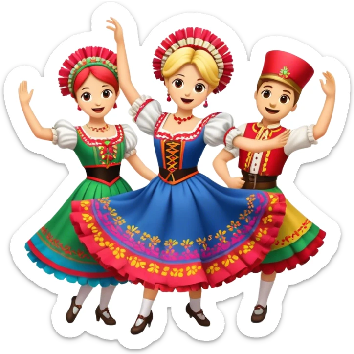 Cinematic Realistic Mazurka Dance Emoji, depicted as a lively traditional Polish folk dance scene with colorful costumes and spirited movement, rendered with dynamic textures and vibrant festive lighting that captures its rhythmic energy. sticker
