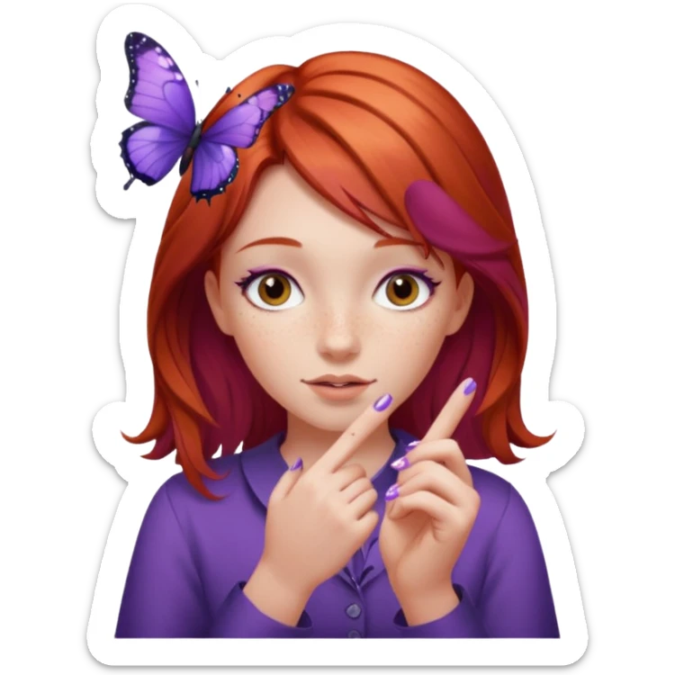 red haired girl finger holding purple butterfly - but her hands down sticker
