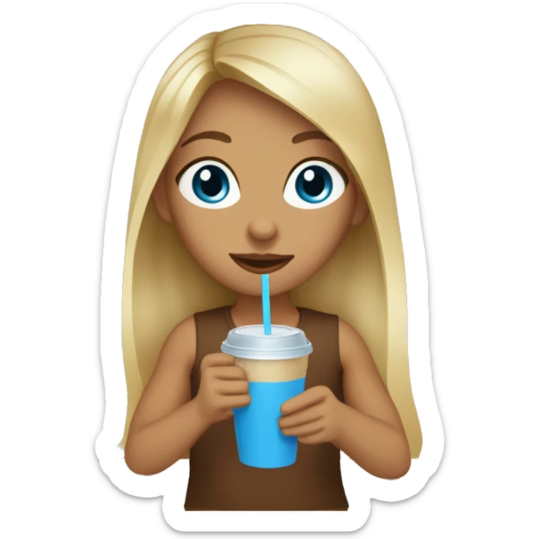 Girl with blue eyes long brown hair with blonde highlights sipping iced coffee sticker