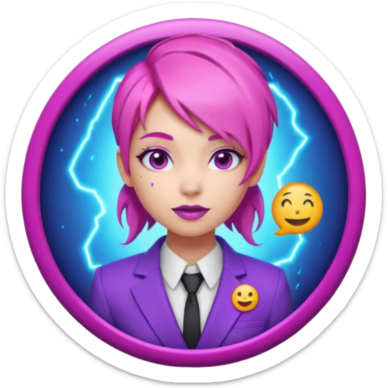 Cute 3D emoji-style girl sexy character with pink hair and purple eyes, inside a circular badge. No hands, no pose. Clean purple suit with a glowing neon-blue ‘C’ logo on the chest, small lightning accent. Smooth Apple-style lighting, friendly expression sticker