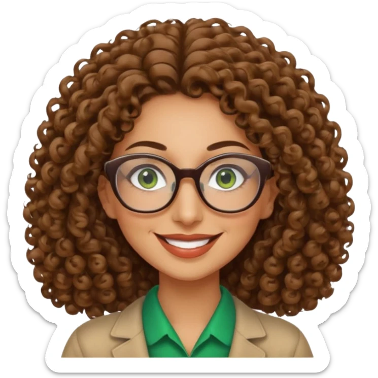 40 yr old Iranian woman, light brown very curly thick hair, shoulder length hair, green eyes, tan skin, big smile, big glasses sticker