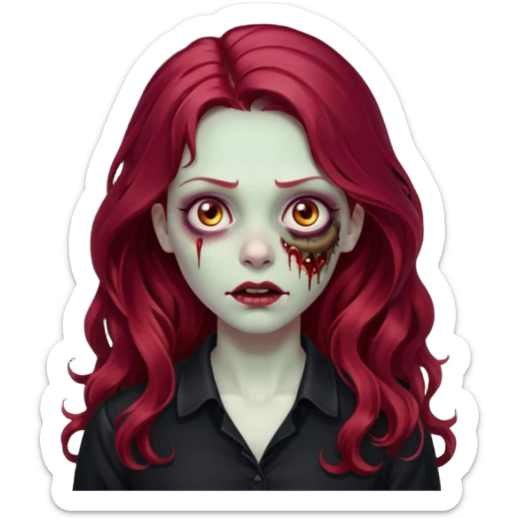 Faça me um emoji de um zumbi mulher de cabelos vermelho borgonha longos ondulado usando uma blusa preta sticker