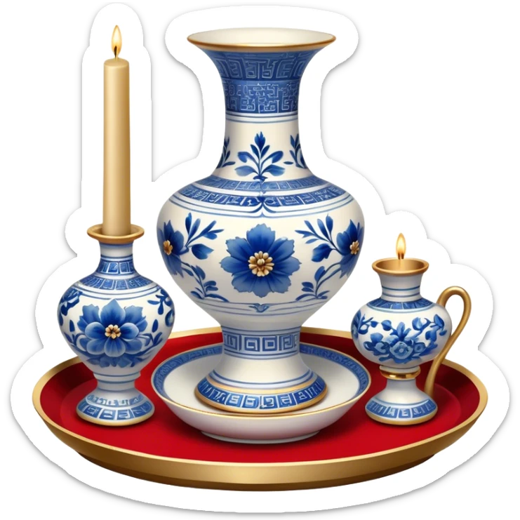 Metal painting icon, a metal vase, tray, and candlestick, each decorated with different techniques: Gzhel-style blue floral patterns, Chinese red and gold designs, and intricate Golden embroidery-style details. Visible fine paintbrush, paint pots, and accessories like porcelain palette, minimalistic style, clean lines, transparent background. sticker