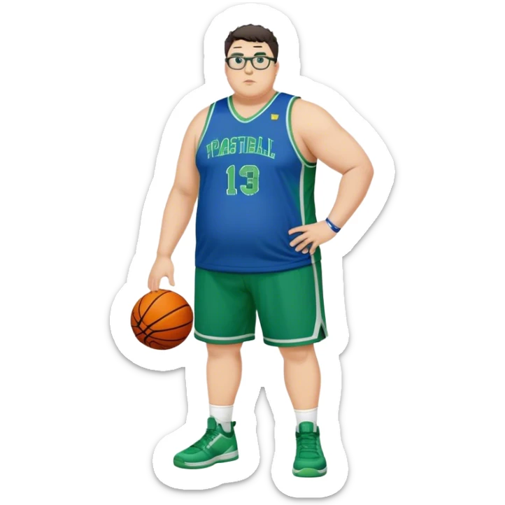 Full Body overweight white male with dark short spike hair basketball player wearing glasses wearing blue green uniform sticker