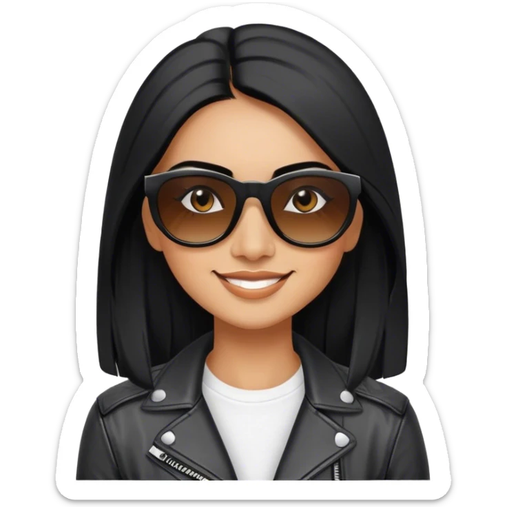 beautiful fit woman, with long straight black hair, with make up, black eye liner, smile mooth close, mexican, brown skin, wearing white tee, wearing leather black jacket, solar black wayfarer on the tip of the nose sticker