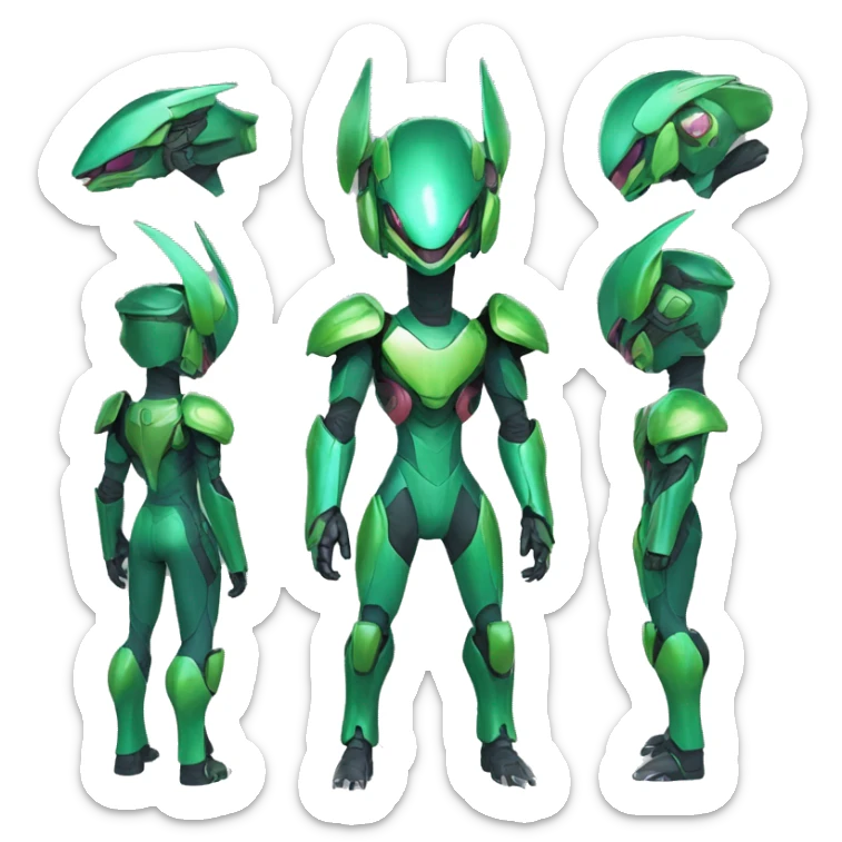 a shiny green Genesect-Raptor-Fakémon—hybrid with a futuristic visor-helmet full body sticker