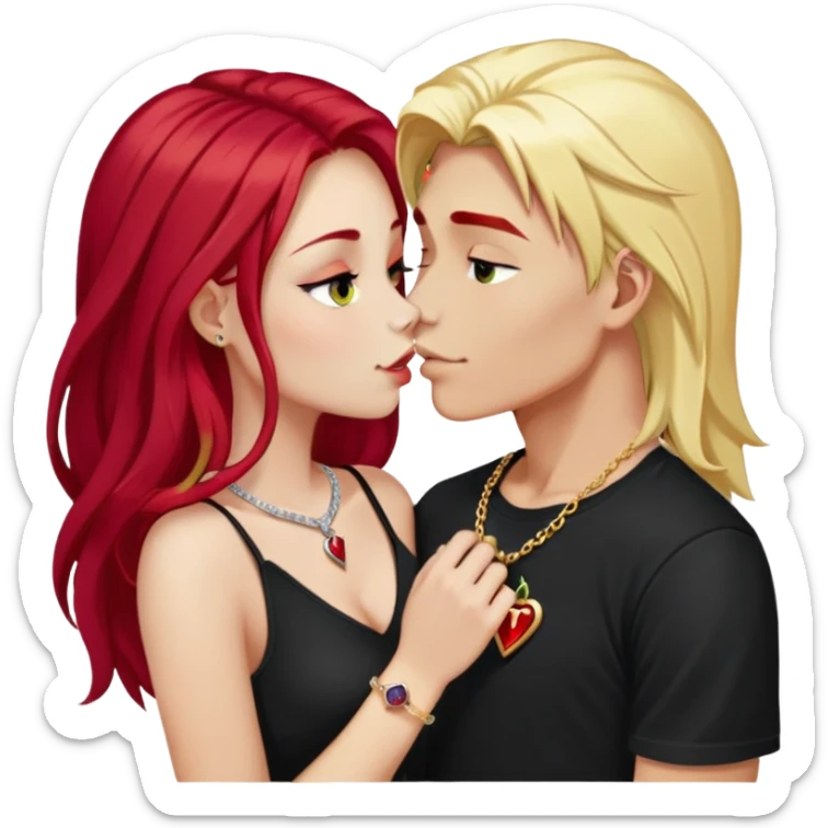 close-up of 20 year old couple kissing, girl with long cherry red hair, blonde eyebrows, gold necklace with letter A, diamond gold ring, red bracelet, boy with bright white hair wearing silver ring with black stone and dark t-shirt sticker