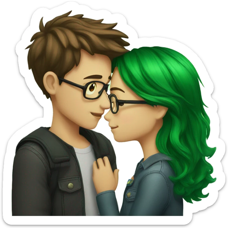 A boy with brown hair and a mustache is kissing a green haired girl wearing glasses sticker