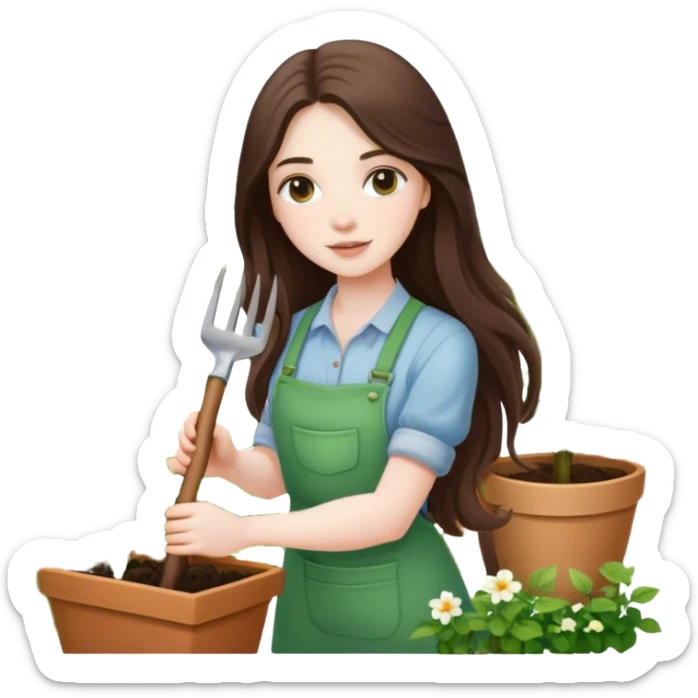 beautiful pale brunette girl with long hair gardening sticker