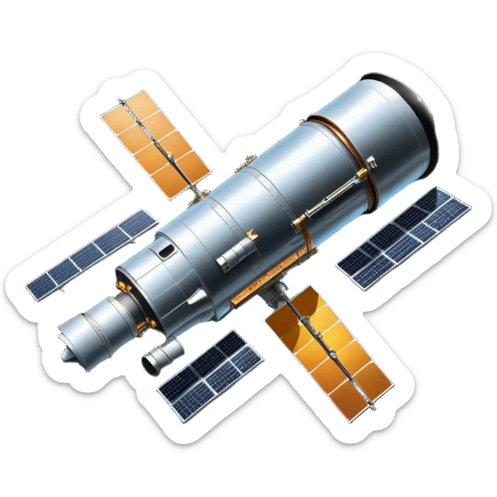 cinematic-realistic-hubble-space-telescope-emoji, an awe-inspiring, ultra-detailed depiction of the Hubble Space Telescope floating in space, its large, reflective metallic surface gleaming against the backdrop of the infinite blackness. The telescope's vast solar panels extend outwards, catching the light from distant stars, while its intricate, cylindrical body showcases advanced, precise engineering. The telescope's large, hexagonal lens is pointed towards the cosmos, surrounded by mechanical components, wires, and sensors. The detailed textures of the telescope’s metallic exterior, the shiny reflective coating, and the intricate grid-like solar panels are sharply contrasted against the void of space, with distant stars and nebulae faintly visible in the background, adding to the sense of scale and technological marvel; rendered with extreme realism and attention to detail. sticker