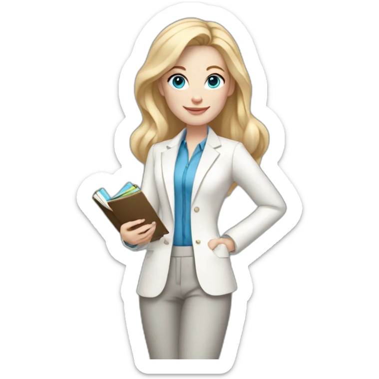 pale skin woman with blonde straight line Hair to shoulders, blue eyes, White classical jacket, Gray Palazzo pants holding a color palette in the hands sticker