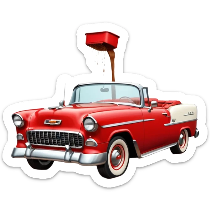 1955 Chevrolet Bel Air Convertible, Red-White color, with a bucket of brown mud pouring down on it. 32x32 pixels, aspect ratio: 1:1 sticker