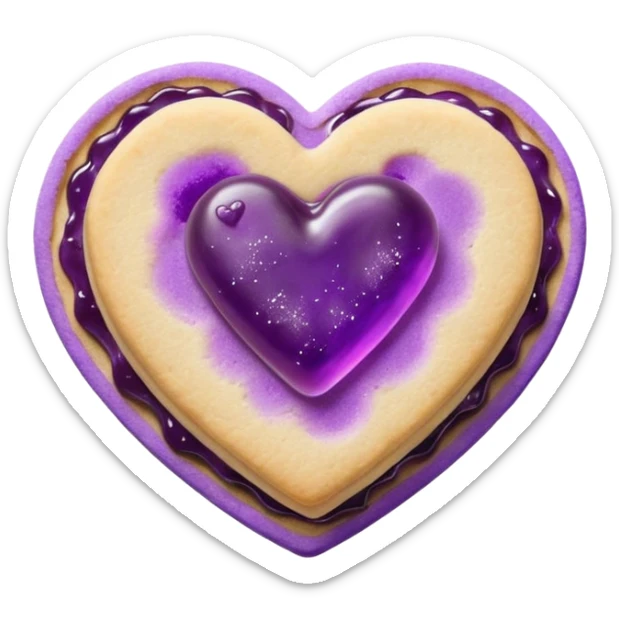 Realistic shortbread cookie in the shape of a heart with purple pastel jelly middle filling and sprinkled powder sugar on top. sticker