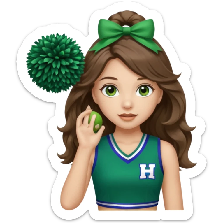 A pretty girl, her eyes is blue, her hair is brown long wavy hair, and wear green Hawkins cheerleader no sleeve uniform and hold pompom sticker