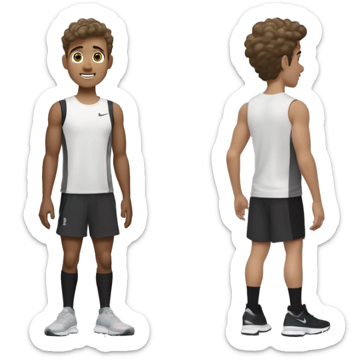 A very little tanned white boy with brown hair, short and a little wavy, with New Balance 1906R Grey, white Nike socks, a black Nike running jogging and a black Under Armour t-shirt. sticker