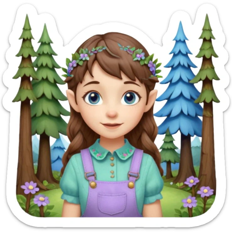 Kind happy whimsical quirky Girl toymaker, wood carving elf. Woodland nature creator. Blue eyes. Short bob, brown wavy hair with bangs. Whimsical playful cute. Overalls with nature embroidered cute shirt collar. Light green, light purple and light blue colour aesthetic  sticker