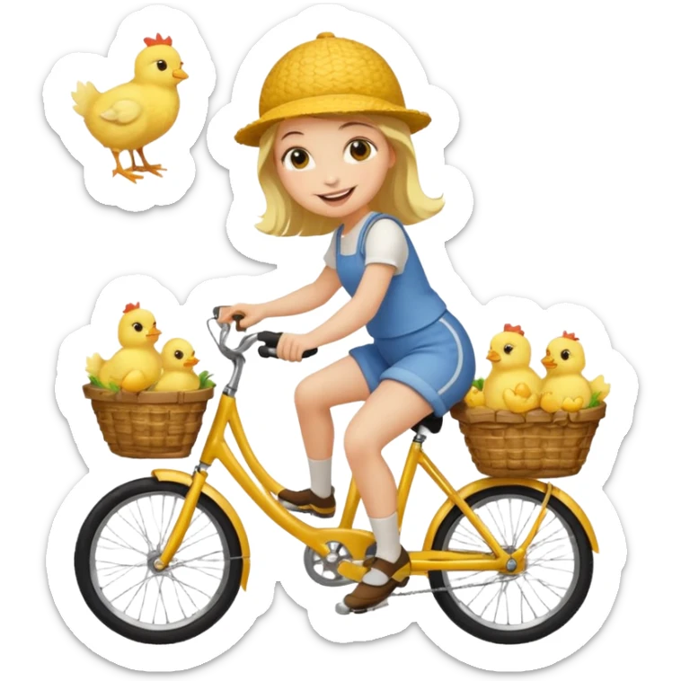 A cartoon girl riding a bicycle with a basket full of baby chicks, 1:1 square ratio. sticker