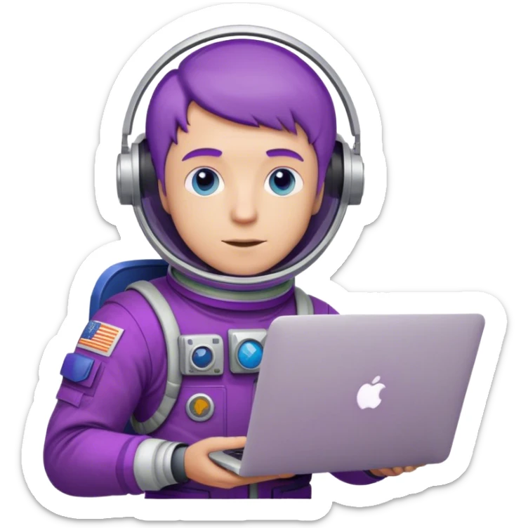 white guy astronaut with purple suit, blue eyes, short purple hair and one macbook sticker