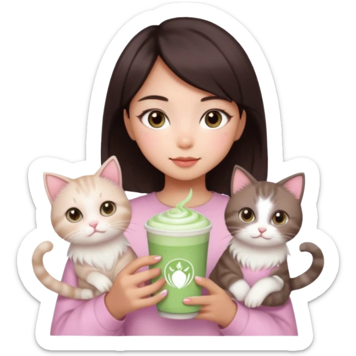 asian girl with short dark brown hair and dark brown eyes with a soft girl pink glowup aesthetic, matcha latte, 2 ragdoll cats, and sparkles sticker