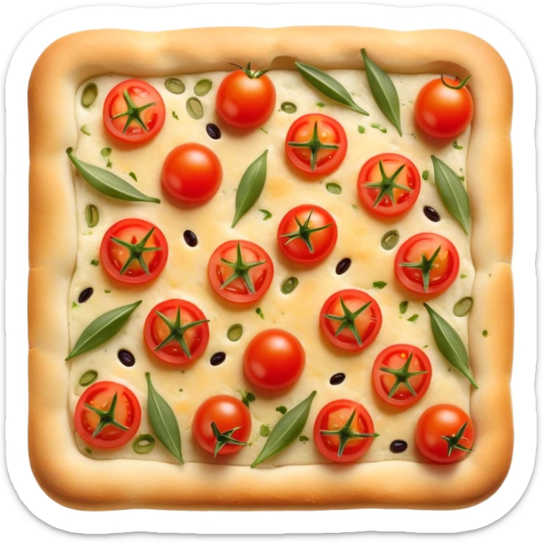 cinematic-realistic-focaccia-bread-dish-emoji,-depicted-as-a-golden,-olive-oil-brushed-flatbread-sprinkled-with-herbs-rendered-with-lifelike-texture-and-soft,-appetizing-lighting showing olives on top and the cherry tomatoes sticker