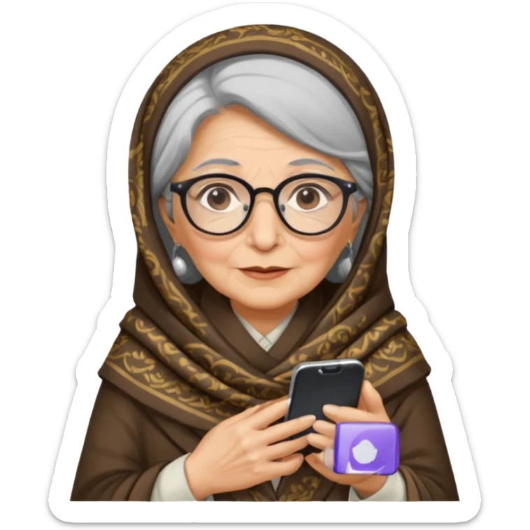 persian old woman Persian shawl with smartphone and glasses, half body sticker