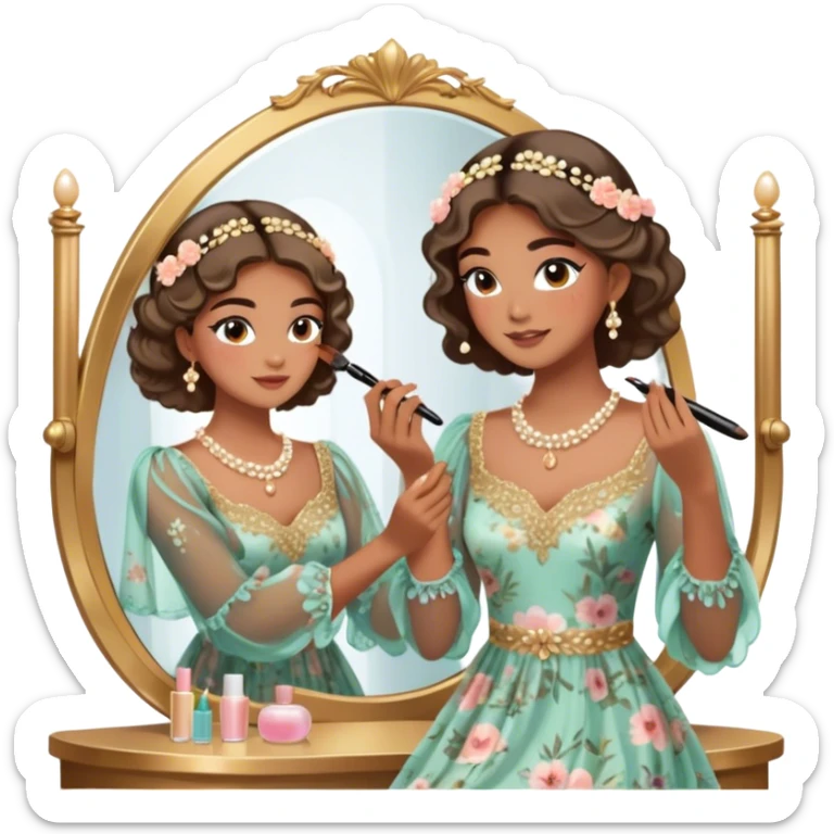  Middle Eastern-inspired moment of a woman getting ready in front of a mirror. She wears a delicate floral dress with sheer, flowy sleeves, accessorized with gold jewelry and traditional pearl-adorned hair clips. Her  as she applies mascara and eyeliner , her reflection revealing a soft smile.  sticker