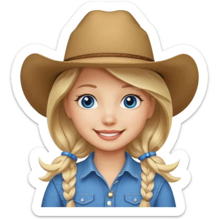Create a girl emoji that has blonde hair, is white, has a cowboy hat on and blue eyee sticker