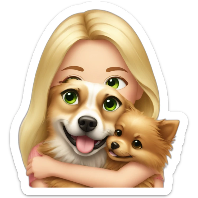 Blonde girl with green eyes, hugs her pomeranian dog, red sticker