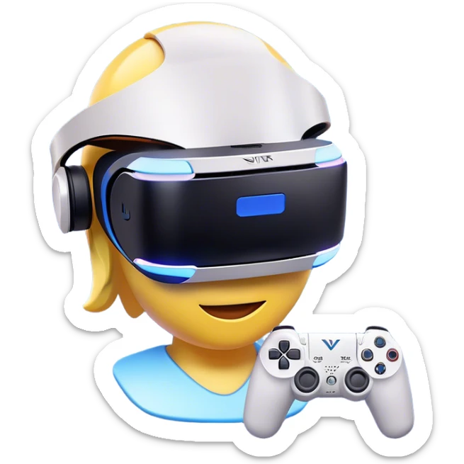 Clash of Clans aesthetic: Cinematic Playful PlayStation VR Headset Portrait Emoji, rendered in a 3D vector-style similar to standard emojis with minimal shading and bold, simplified shapes. A compact, distinct form with signature details, softly glowing with a cutting-edge console technology charm. Simplified yet unmistakably iconic, highly detailed and consistent, glowing with a soft radiance and high shine. Stylized with a touch of technological advancement and a soft glowing outline, capturing the essence of a beloved gaming relic with a friendly, playful manner! sticker