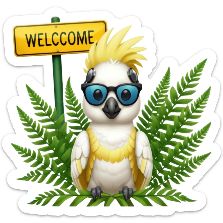 sulfer crested cockatoo wearing sunglasses sitting in a green fern tree with an australian street sign saying 'welcome to cockatoo' sticker