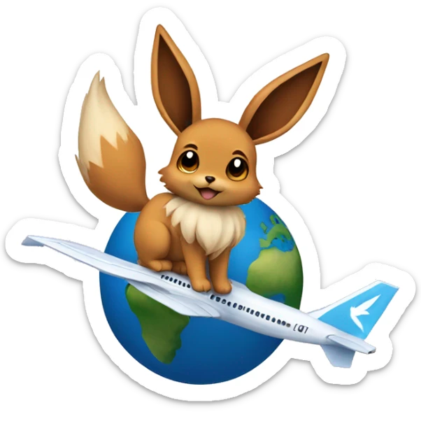 Eevee sitting on an Airplane which is flying around the shape of the world  sticker
