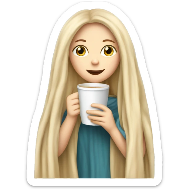 A pretty white girl with very long blond hair in a blanket sipping coffee sticker