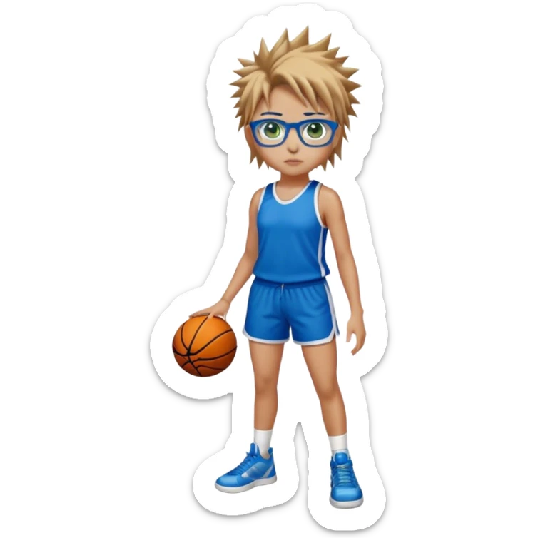 Full Body Girl with basketball short spikey brown hair with blond highlights wearing blue glasses with green eyes sticker