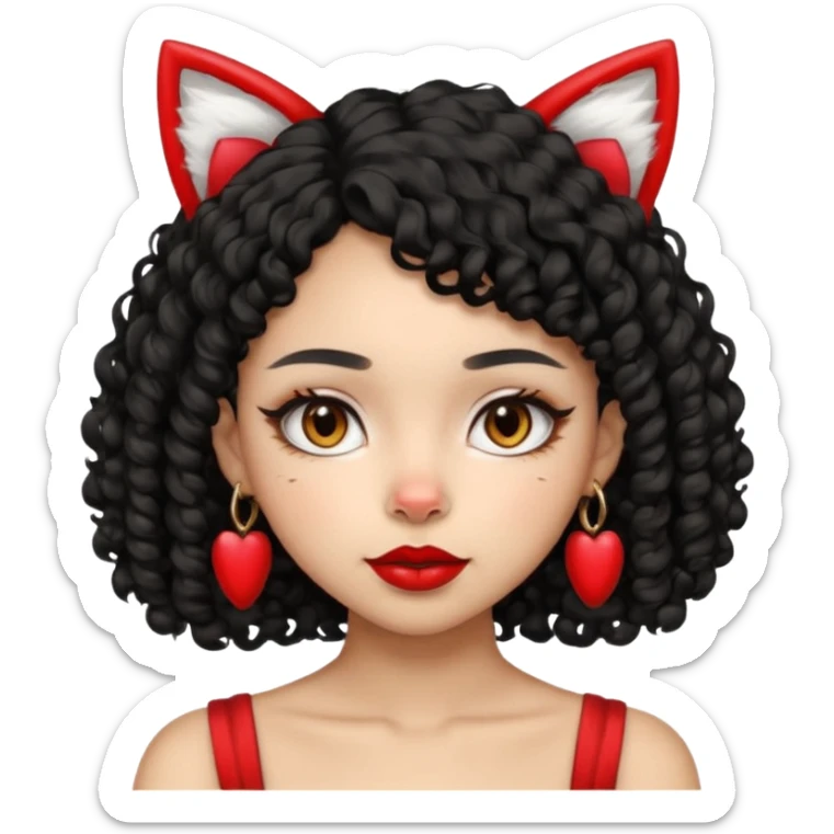 lightskin girl with black curly hair, red lipstick, white cat ears sticker