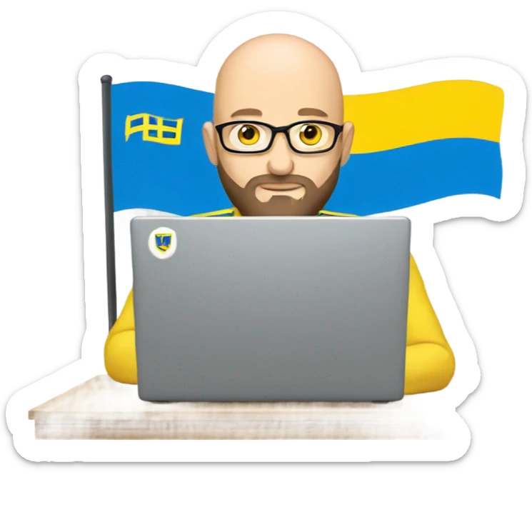 bald man with a beard on a laptop, laptop logo is flag of Ukraine sticker