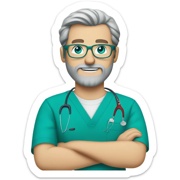 male dark blond with grey beard doctor with blue-green eyes and wire-rimmed glasses in teal scrubs holding a paintbrush and a jigsaw sticker