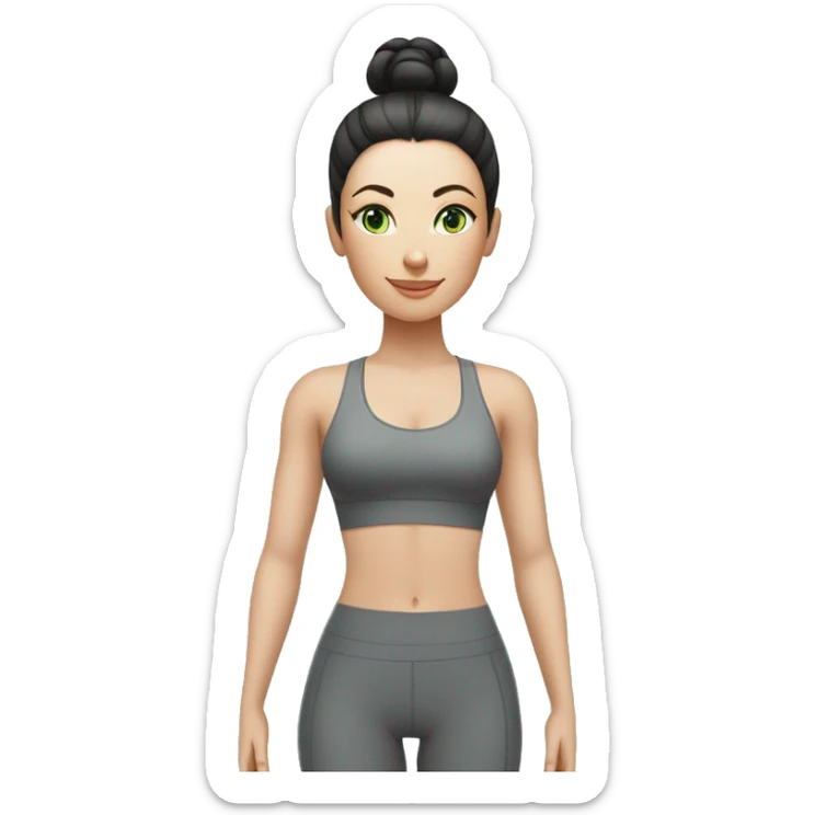 Pale skinned fit woman In a gray tight yoga suit and wristbands With ash black hair in a bun and green eyes doing yoga sticker