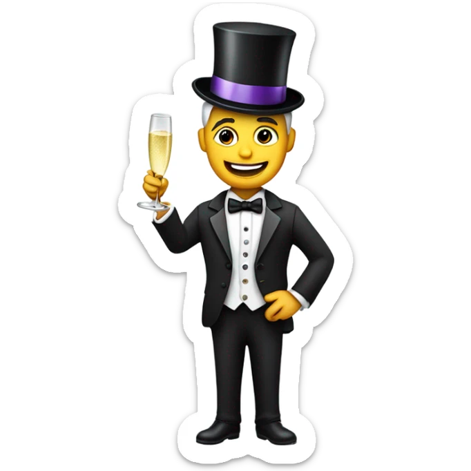 Man in tuxedo winking and holding champagne wearing a birthday hat sticker