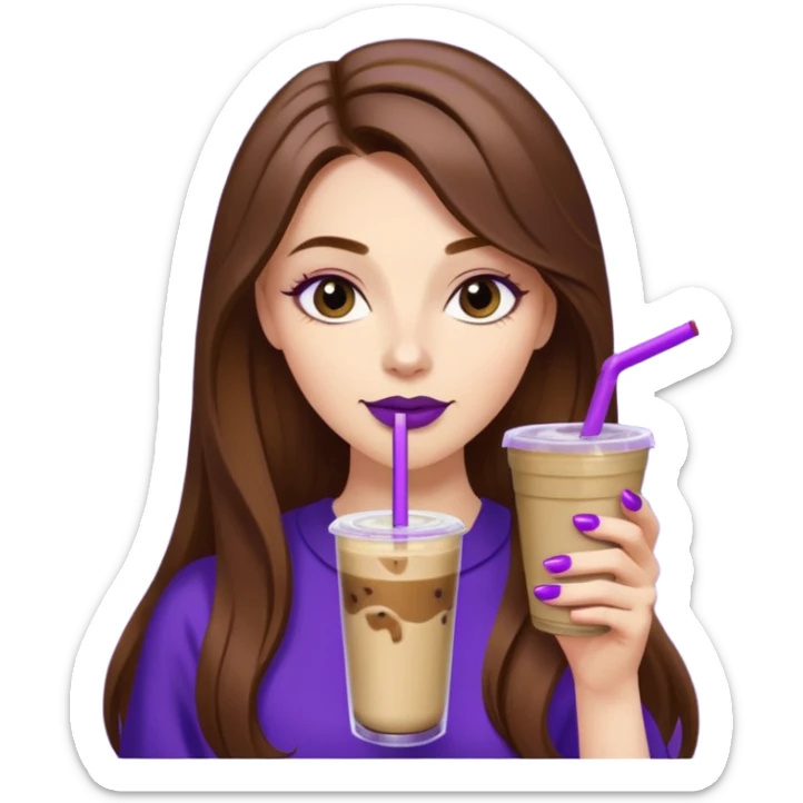 girl with long brown hair, wine lipstick, gold nail polish, drinking a blueberry butter pecan iced coffee with a purple straw  sticker