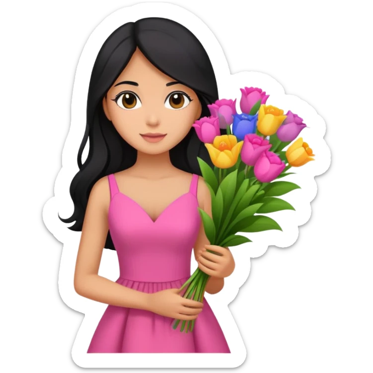 beautiful girl with long black hair wearing pink dress holding a colorful bouquet of flowers sticker