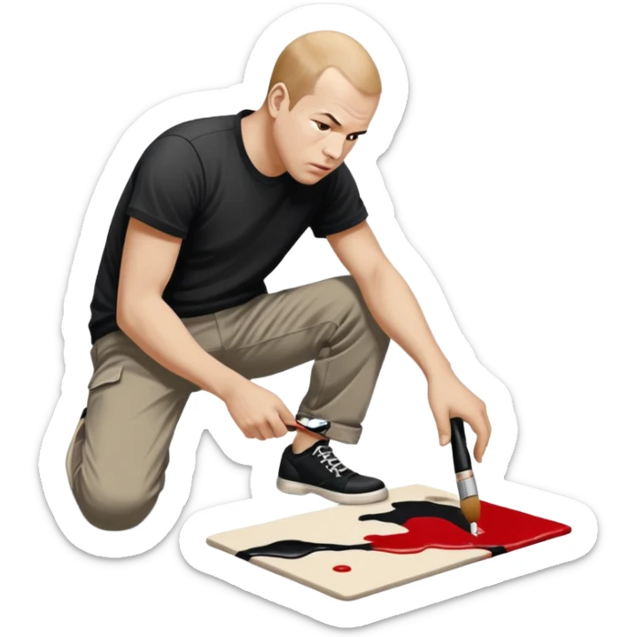 Jackson pollock the abstract artist leaning over to flick black white and red paint from a brush onto a canvas at his feet on the ground sticker